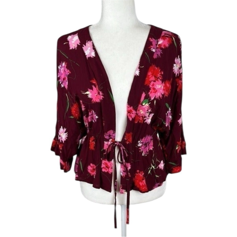 Express Maroon Floral Tie Front Lightweight Top/Sweater Size Small